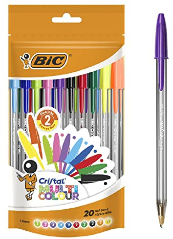 BIC Cristal Multicolour Bolígrafos Punta Ancha (1,6 mm) – Colores Surtidos, Bolsa de 20 Unidades, ideal para dibujos y anotaciones