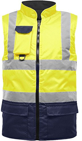 Hi Viz Bodywarmer Reversible Fleece Lined High Visibility Gilet Hi Vis Reflective Waterproof Workwear Padded Vest Security Safety Wear Warm Waistcoat (UK, Alpha, M, Regular, Regular, Yellow/Navy)