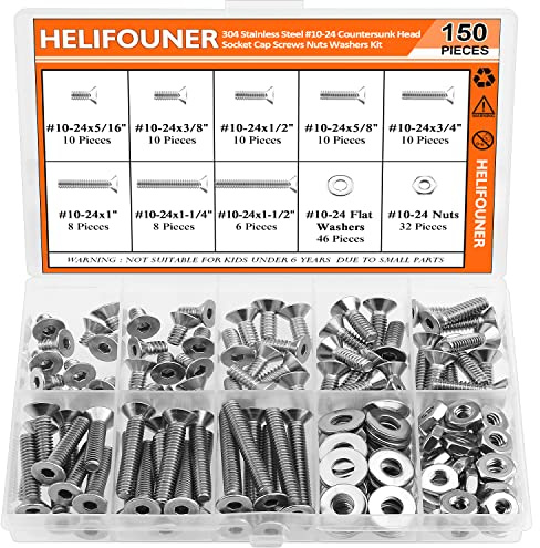 HELIFOUNER 150 Pieces #10-24 x 5/16 3/8 1/2 5/8 3/4 1 1-1/4 1-1/2, Countersunk Head Socket Cap Screws Bolts Washers Nuts Kit, Coarse Thread, Fully Machine Threaded, 304 Stainless Steel