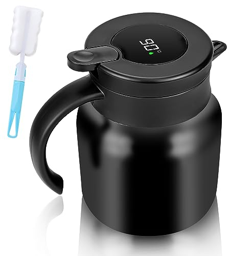 Teapot with Infuser, 800ML Stainless Steel Thermal Carafe Vacuum Coffee Pot with Temperature Display and Cleaning Brush, Tea Pot for Coffee, Tea, Beverage (Black) - BPA Free
