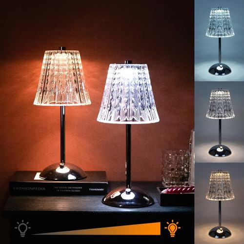 Amingulry Cordless Rechargeable Metal Table Lamp, Crystal, Silver 2-Pack | 4000mAh Battery Operated, 3 Color Modes, Dimmable LED Touch Beside Ambient Light, Portable for Bedroom Restaurant Outdoor