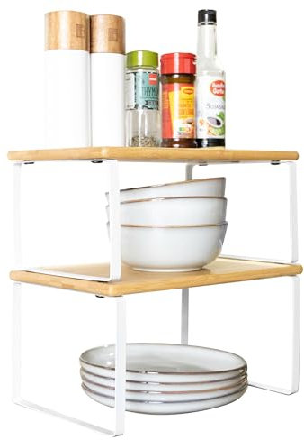 KARAT Gewürzregal Organizer ohne Bohren 2er Set Mini Regal für Küche stapelbar aus Stahl & Bambus, Küchenregal für Schrank Aufbewahrung & Organisation Arbeitsplatte (Weiß + Natur)
