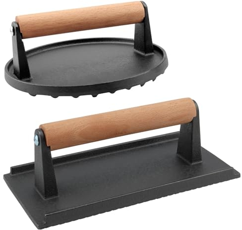 MOUYAT Pressa per hamburger in ghisa, antiaderente, rotonda e rettangolare, per grigliare, barbecue e cucinare, confezione da 2