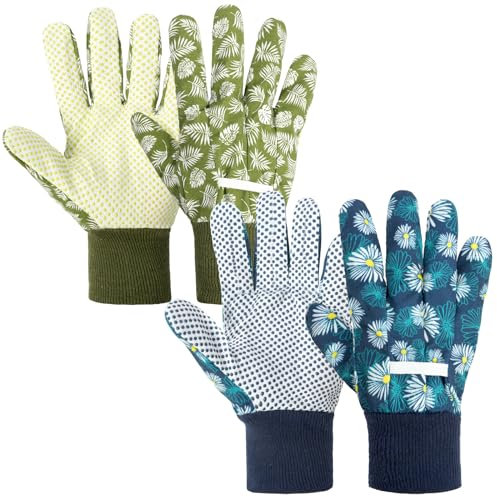 Ainiv Handschuhe für Garten, 2er Set Gartenhandschuhe, Antirutschbeschichtung Arbeitshandschuhe, Einheitsgröße Schutzhandschuhe mit PVC-Punkten und Reißfester Canvas-Stulpe Zum Pflanz Gartenarbeit
