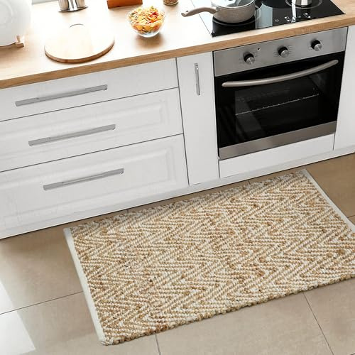 The Home Talk Area Rug 2'x3' Non-Skid Cotton&Jute Handcrafted Traditional Rugs, Home Decor Carpets Suitable for Living Room, Bedroom, Dining Room, Home Décor- White and Beige