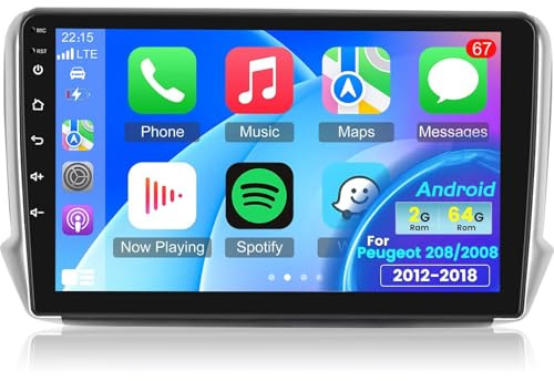 [2+64G] Radio Android para Peugeot 208/2008 2012-2018 con Carplay Inalámbricas y Android Auto, 10.1 Pulgadas de Pantalla Táctil Autoradio con WiFi GPS DSP FM/RDS Radio SWC + Cámara de Marcha Atrá