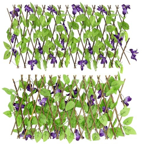 Trintion Artificial Fence Screening, Foldable Trellis with Artificial Leaves, Privacy Garden Fence Screening, Expandable Decorative Faux Ivy Panel for Patio, Outdoor, 30x200cm (2pcs, Purple Flowers)
