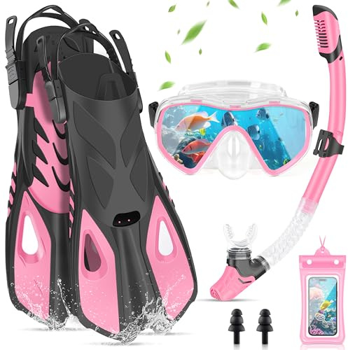IEEILULU Snorkel Set Adulto, Kit Snorkel 7 Piezas con Máscara de Buceo Antivaho y Aletas Ajustable para Hombre Mujere con Bolsa Portátil, Dos Tamaños (Rosa, S/M)