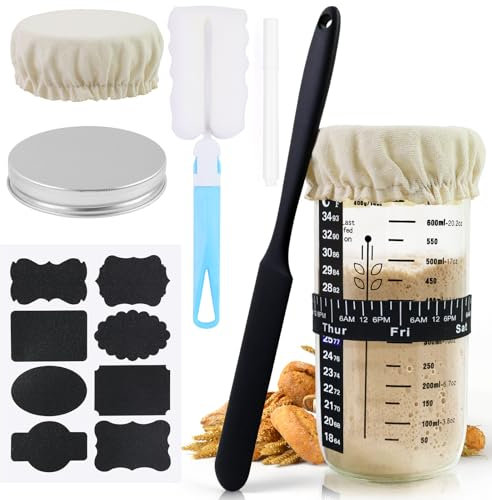 Sourdough Starter Jar Kit,24Oz/730ml Sourdough Starter Jar with Aluminum Lid, Spatula, Thermometer Band, Feeding Date Band, Sourdough Fermentation Kit for Baking