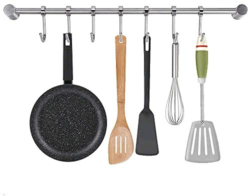 Nisone Barre de Cuisine Murale 40cm Porte-Ustensile à 7 Crochets Ajustables Barre de Crédence en Acier Inoxydable Chargé Max de 30kg pour Salle de Bains et Cuisine avec Vis - Argent