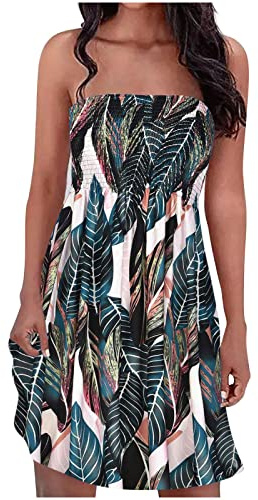 Vestidos casuales sin tirantes fruncidos para mujer, bohemio, floral, estampado tropical, sin mangas, vestido de tubo bandeau, vestido de verano para la playa, vestido corto de verano, vestido corto