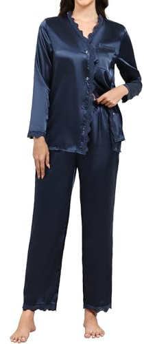 TeJoyce Pyjama Femme Satin Long, Deux Pièces Vêtements de Nuit Soie, Ensembles Dentelle Manches Longues avec Boutons et Pantalon Assorti à Cordon, Elegant et Luxe Loungewear Dormir Bleu Marine S
