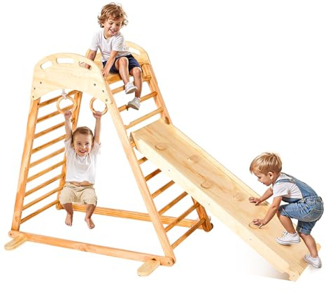 VEVOR 4 en 1 Parque Infantil para Interior, Carga 100 kg Juego de Escalada Montessori 206 x 88 x 120,5 cm con Roca de Escalar, Tobogán, Escalera de Madera y Anillas de Gimnasio, Color Madera