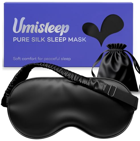 Umisleep 100% pura seta maschera, 22 momme 6A, morbida e liscia, traspirante, per donne e uomini, migliore tenuta della luce, con custodia da viaggio, Maschera per gli occhi regolabile (Nero)