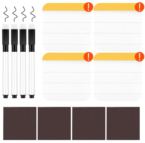 Pack de 4 Pizarras Magnéticas Mini para Nevera, Pizarra Blanca Pequeña con 4 Rotuladores, Reutilizable para Notas de Cocina/Oficina, Imán para Lista de la Compra & Recordatorios (Estilo Instagram)