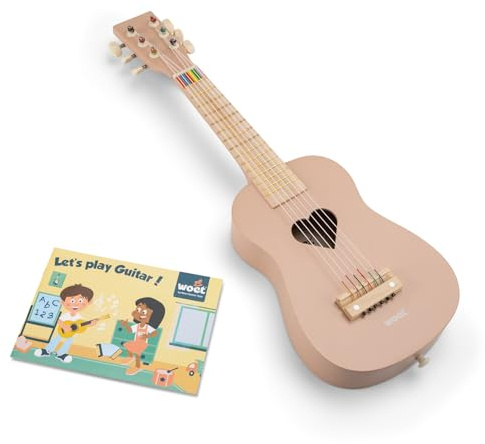 Woet – Chitarra giocattolo in legno per bambini – chitarra acustica rosa 6 corde – giocattolo strumento musicale di risveglio con libretto di canzoni – dai 3 anni – regalo per ragazze e ragazzi