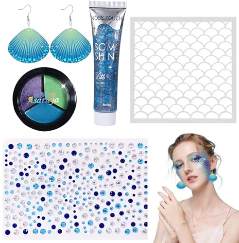 5 Pièces Maquillage Sirène Set,Pochoir Maquillage Sirène+Peinture Visage+Gel Paillettes Corps+Strass Autocollant Visage+Boucles d'oreilles Forme Coquillage,pour Anniversaire Mascarade Festival