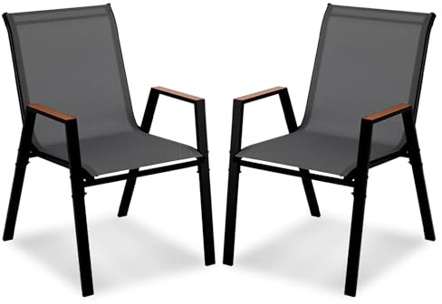 COSTWAY 2/4 Sillas Jardín Apilables, Textilene, Sillas Terraza Exterior con Respaldo Alto y Reposabrazos Ergonómicas, Marco de Metal, 56 × 66 × 88 cm, Patio Balcon, Carga 180kg (Negro,2)