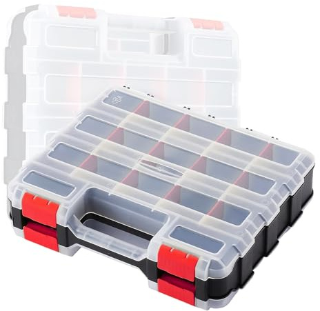 FINELYCR Caja Organizadora Tornillos Doble Cara, 34 Compartimentos Organizador de Tornillos, Portátil Organizador Tornillería, Rojo Caja Clasificadora de Herramientas, para Taller, Hogar, Garaje