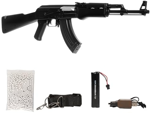 AK 47 softair elettrico stile legno, POTENZA 0,9 JOULE, raffica/singolo/sicura, caricatore 50 colpi, batteria Ni‑MH 7,2V + caricabatterie inclusi, 870mm 830g, 1000 pallini inclusi (Nero)