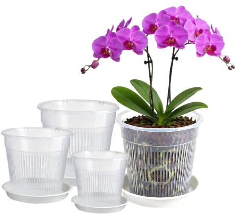 SCBOY Juego de 8 plástico Transparentes de Maceta orquidea con Drenaje y Bandeja macetas para orquídeas Apto para plántulas de orquídeas suculentas y Plantas similares (11/14/16/19 cm)
