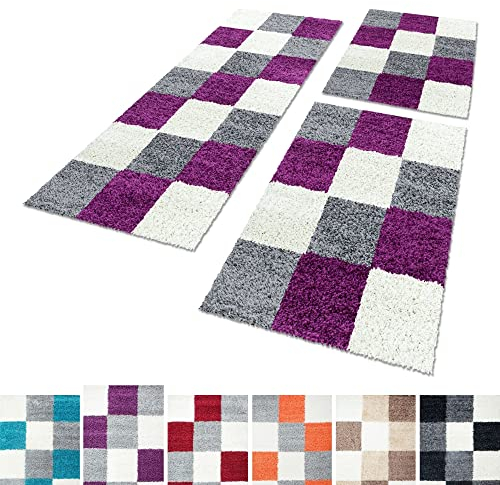 Unbekannt Shaggy Hochflor Teppich Carpet 3TLG Bettumrandung Läufer Set Schlafzimmer Flur, Farbe:Lila, Bettset:2x60x110+1x80x150