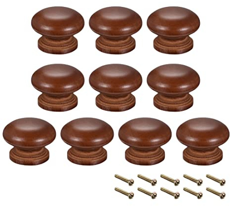 sourcing map Round Wood Knobs,10Pcs 35mm Dia Cabinet Furniture Kitchen Pulls Handles for Drawer Cupboard, Brown