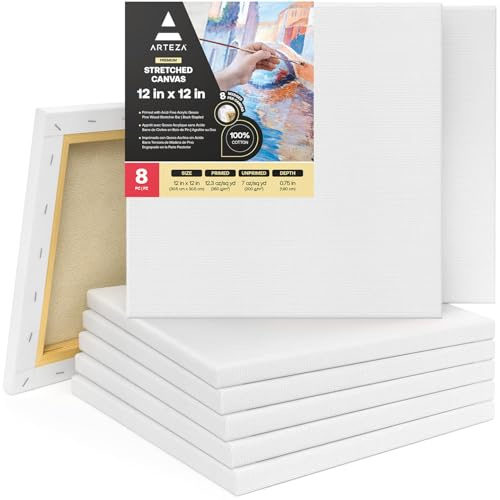ARTEZA Premium Stretched Canvas, 12 x 12 Inches, Pack of 8, Blank White Square Canvas Boards for Acrylic, Oil and Gouache Painting