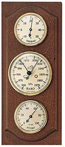 SELVA Instrumento meteorológico – Estación meteorológica mecánica analógica – nogal – para exterior – con termómetro, barómetro e higrómetro (dimensiones: 280 x 120 mm)
