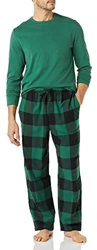 Amazon Essentials Herren Flanellhose und langärmeliges T-Shirt als Pyjama-Set, Grün/Buffalokaros, XL
