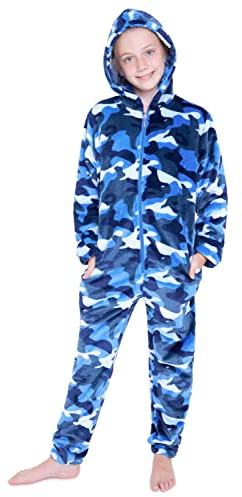 CityComfort Pijama Niño Invierno, Pijama Entero Niño de Forro Polar, Pijama de Una Pieza Suave, Regalos para Niños y Adolescentes Gamer Camuflaje 7-14 Años (Azul Camuflaje, 11-12 años)