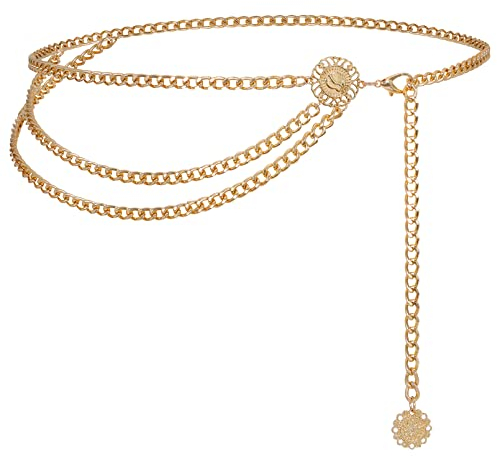 JasGood Mehrschichtiger Taillenkettengürtel Damen Verstellbare Body Link Gürtel für Jeanskleider,Gold,110cm