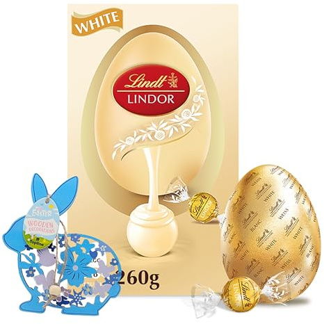 Topline Lindt Chocolates Easter Egg for Easter Gifts - Luxury White Chocolate Egg with Chocolate Truffles 260g Chocolates Gift Box with Topline Wooden Decoration for Womens Gifts, Egg Hunt