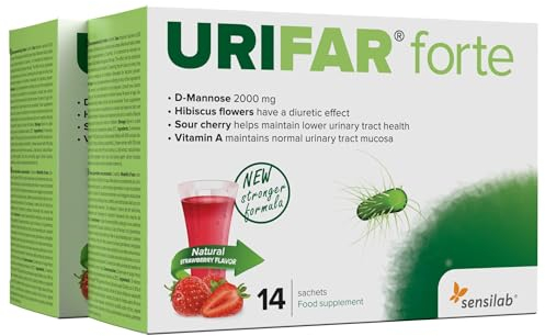 Sensilab Urifar Forte - Délicieuse boisson à la fraise à base de D-Mannose, Vitamine A, Hibiscus et extrait de cerise griotte pour les voies urinaires - 28 sachets
