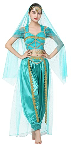 Odizli Bauchtanz Kostüm Damen Crop Top + Laterne Hosen Belly Dancer Outfit Erwachsene Aladin Jasmin Prinzessin Verkleidung Sari Indianer Wahrsagerin Cosplay Halloween Karneval Faschingskostüme Grün M