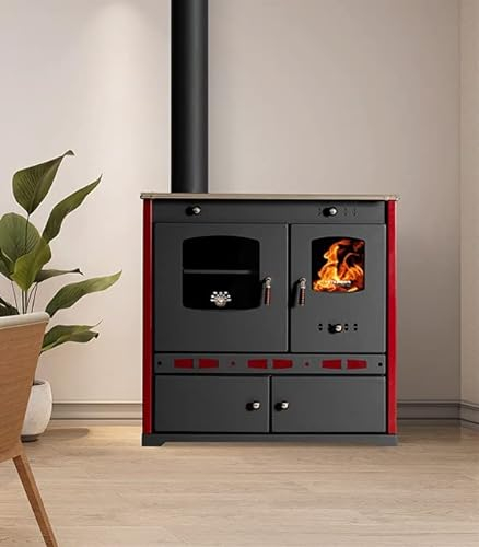 EEK A+ Kaminofen mit Backfach und Herdplatte Perfect Eco Lux Schwarz Rechts Holzofen 7 kW Kamin Ofen Holz Werkstattofen Hüttenofen Heizofen Gartenofen