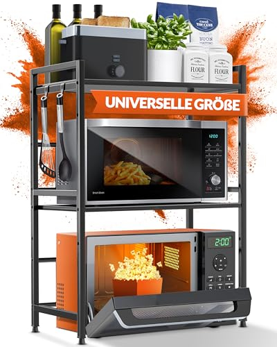 Heldenwunder Mikrowellenregal Küchenregal stehend Stahl (3-stufig) | Mikrowellen Regal Mikrowellenschrank | Vorratsregal Bäckerregal höhen & längenverstellbare Ablage + Videoanleitung, Haken - Schwarz