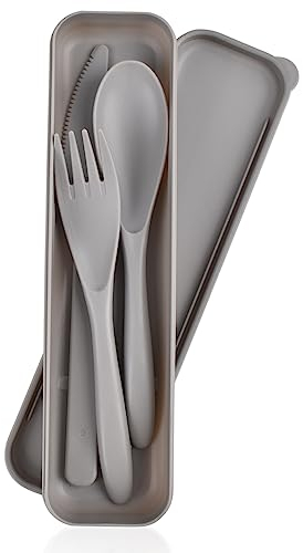 CUNTAUK Travel Cutlery Set with Case, Portable Reusable Plastic Forks and Spoons, Camping Cutlery for Travel, Picnic, Outdoor, Office, School Lunch Box or Daily Use (Gray)