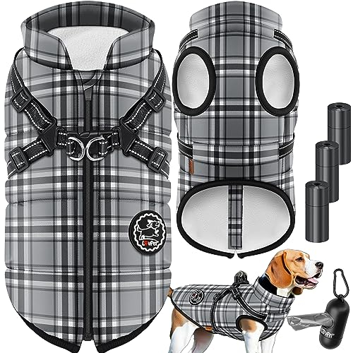 LOVPET® Hundejacke Hundemantel mit Geschirr, inkl. 45 Stück Kotbeutel + Spender, Hunde Winterweste gefüttert wasserdicht, Gepolsterte Weste Mit Brustgurt, Reflektoren, D-Ring XL, Grau