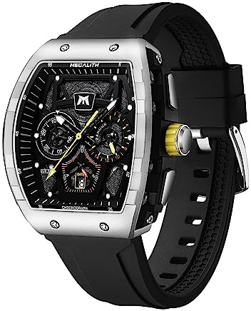 MEGALITH Montre Homme Militaire Sport Etanche Montres Chronographe Analogique Quartz Montre Bracelet Homme Grand Mode Grand Cadran Carré Design Calendrier Lumineux Caoutchouc Noir