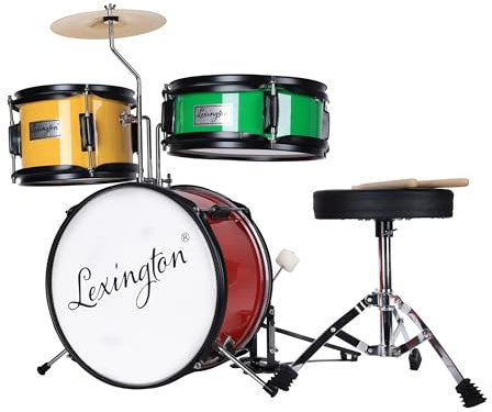 Lexington Kinderschlagzeug 3 PC, Schlagzeug Set für Kinde mit Snare, Tom, Bass Drum, Bass Drum Pedal, Thron, Becken, Drumsticks, Rot, Gelb, Grün