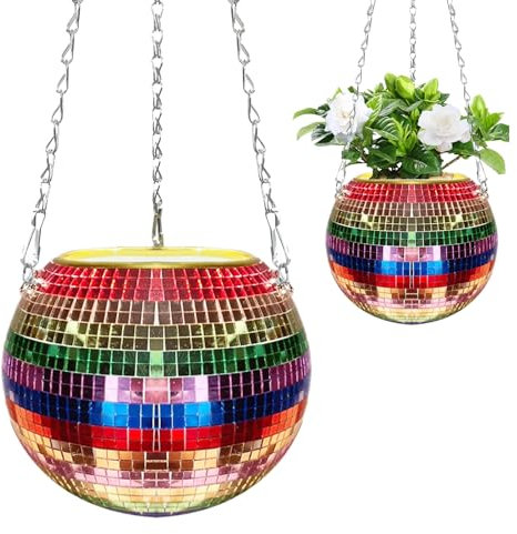 Nchdewui Disco-Ball-Hängeampel, dekorative Blumentopf für Innen- und Außenbereich, Dichroic-Glas-Pendelleuchte mit Metallhaken (groß) (Regenbogen, 20CM)