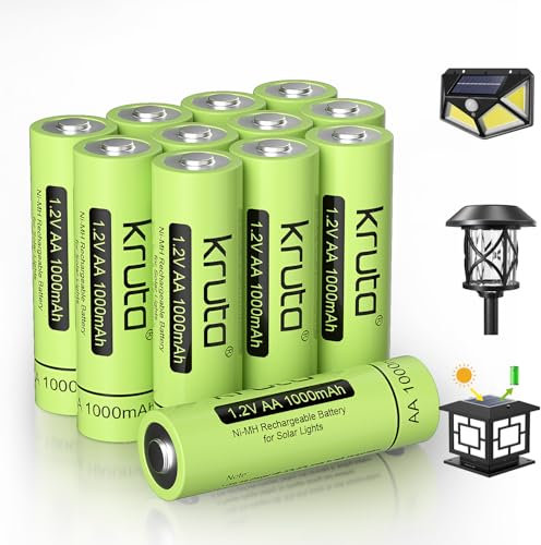 Kruta Rechargeable AA Battery for Outdoor Solar Lights, 12 Pack 1.2V NiMH 1000mAh Pre-Charged Double A Solar Battery for Garden Landscaping Outdoor Solar Lights (AA 1000mAh 12 Pack)