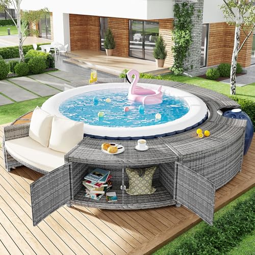 Trdlpyn Tondo Piscina Idromassaggio Giardino con Piedini Regolabili e Cuscini, Bordo Vasca Spa Poli Rattan Set da Giardino con Divano per Idromassaggio e Piscina(Nessuna piscina)