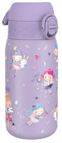 ion8 Kinder Trinkflasche, Edelstahl Leicht 400ml, Nicht Isoliert, Auslaufsicher, Einhandöffnung, Sichere Verriegelung, Spülmaschinenfest, Klappdeckel, Tragegriff, Leicht zu Reinigen, Feen,