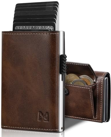 MYSHION Pop Up Wallet for Men with Coin Pocket, Trifold Wallets with ID Window, Smart RFID Blocking Card Holder with 6 Slot for Up to 11 Cards (Brown)