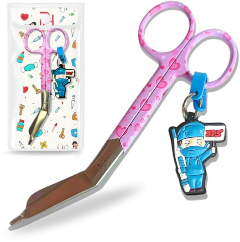 Ph Pro Heat Tijeras Enfermeria Punta Roma Primeros Auxilios de Acero Inoxidable - Tijeras Pico de Pato para Enfermera Profesionales - Accesorios Enfermera y TCAE para Vendajes. (Rosa Corazones Rosa)