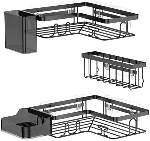 YEAUPE PRO Étagère Douche sans Perçage, 5 Pièces Étagère Rangement Salle de Bain Durable, avec 2 Étagères Angle, Porte Savon Douche, Salle de Bain Accessoire, Étagère Murale de Cuisine – Noir