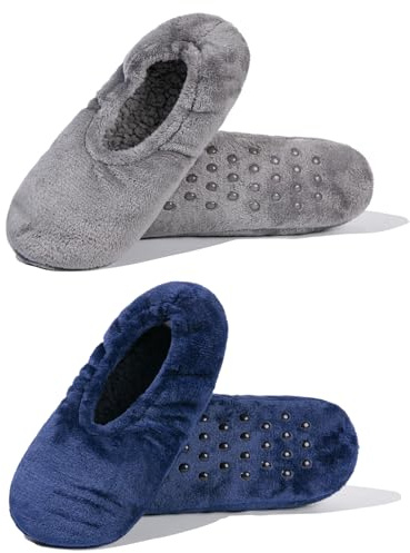 GLENMEARL 2 Pairs Slipper Socks for Women with Grippers Non Slip Soft Sole Winter Warm Slippers (Navy+Grey, Adult, Women, 5, Numeric Range, US Footwear Size System, 7, Medium)