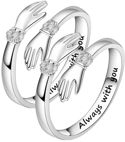 Sterling Silver Hug Rings for Women, Hugging Hands Adjustable Open Ring Engraved Words Ring Symbol of Love Sister Gifts Perfect for Daughters Mom Wife Friends Mother's Day Friendship Jewelry Gift
